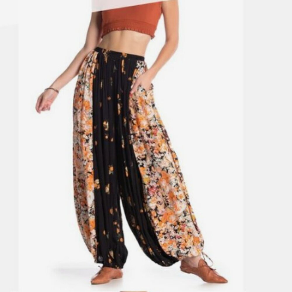 Free People Black & Orange Floral Wide-Leg Harem Pants